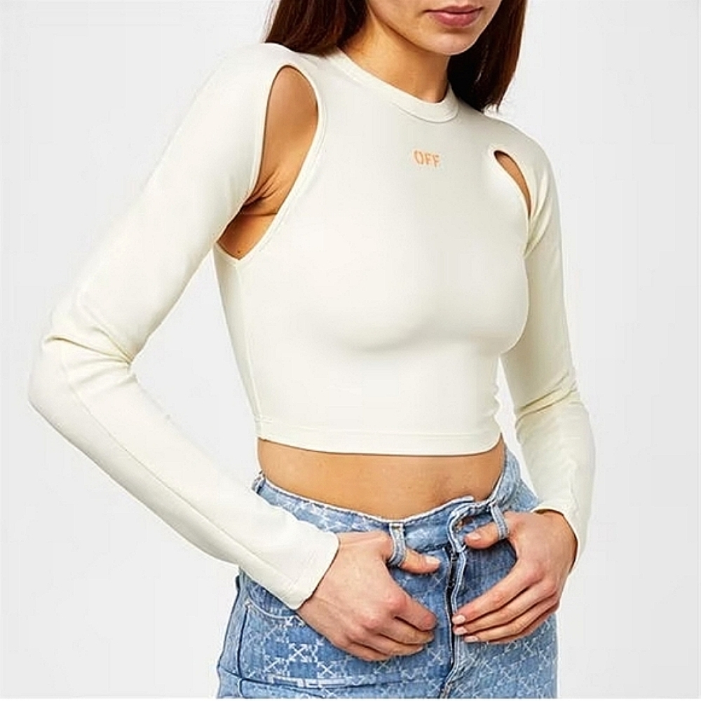 NWT$390 Off-White Sleek Cut-Out Logo Long Sleeve Crop Top Shirt Sz 38 (2)